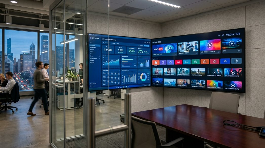 A high-tech office environment in a US city showing a large dual-OS digital signage display switching between a Windows dashboard and an Android media player interface.